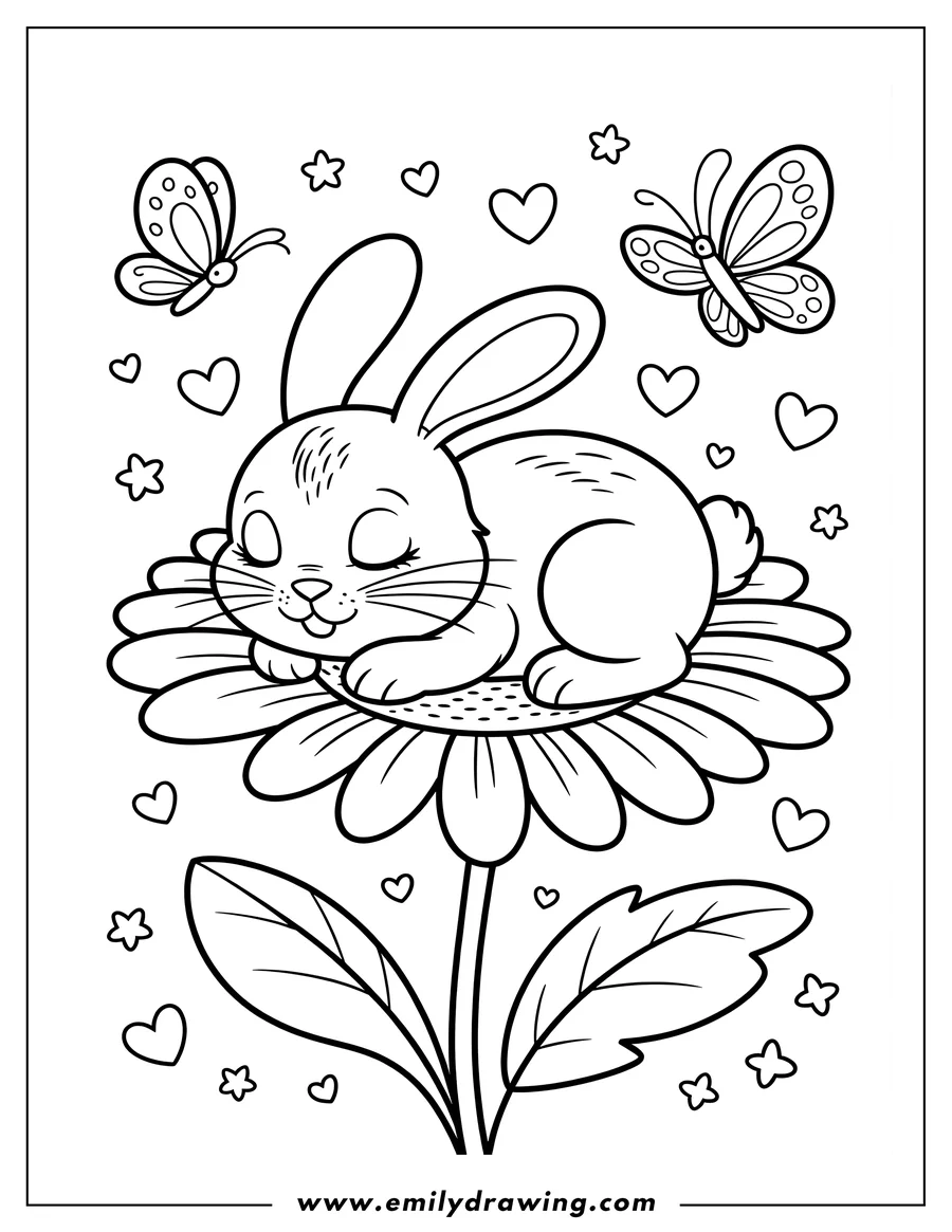 Outline of a bunny sleeping peacefully on a large sunflower. Two butterflies, hearts, and stars surround the bunny.