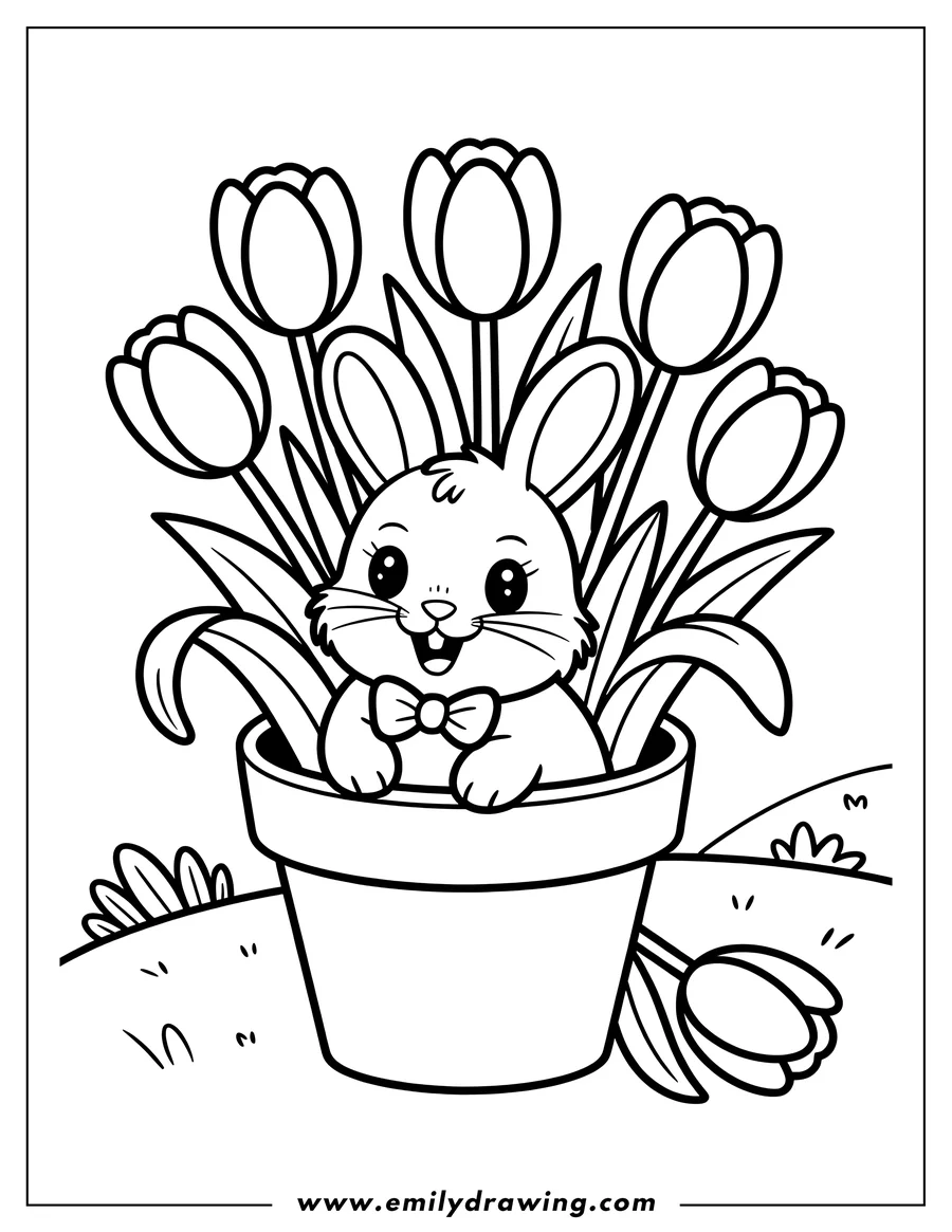 Outline of a bunny sitting in a flower pot surrounded by tulips, wearing a bow tie.