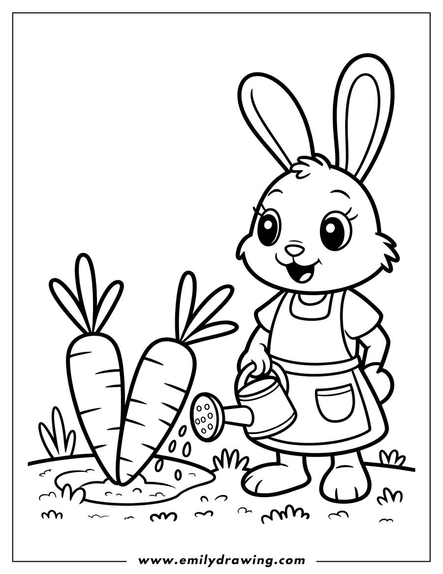Outline of a bunny wearing an apron and watering two carrots in the garden with a watering can.