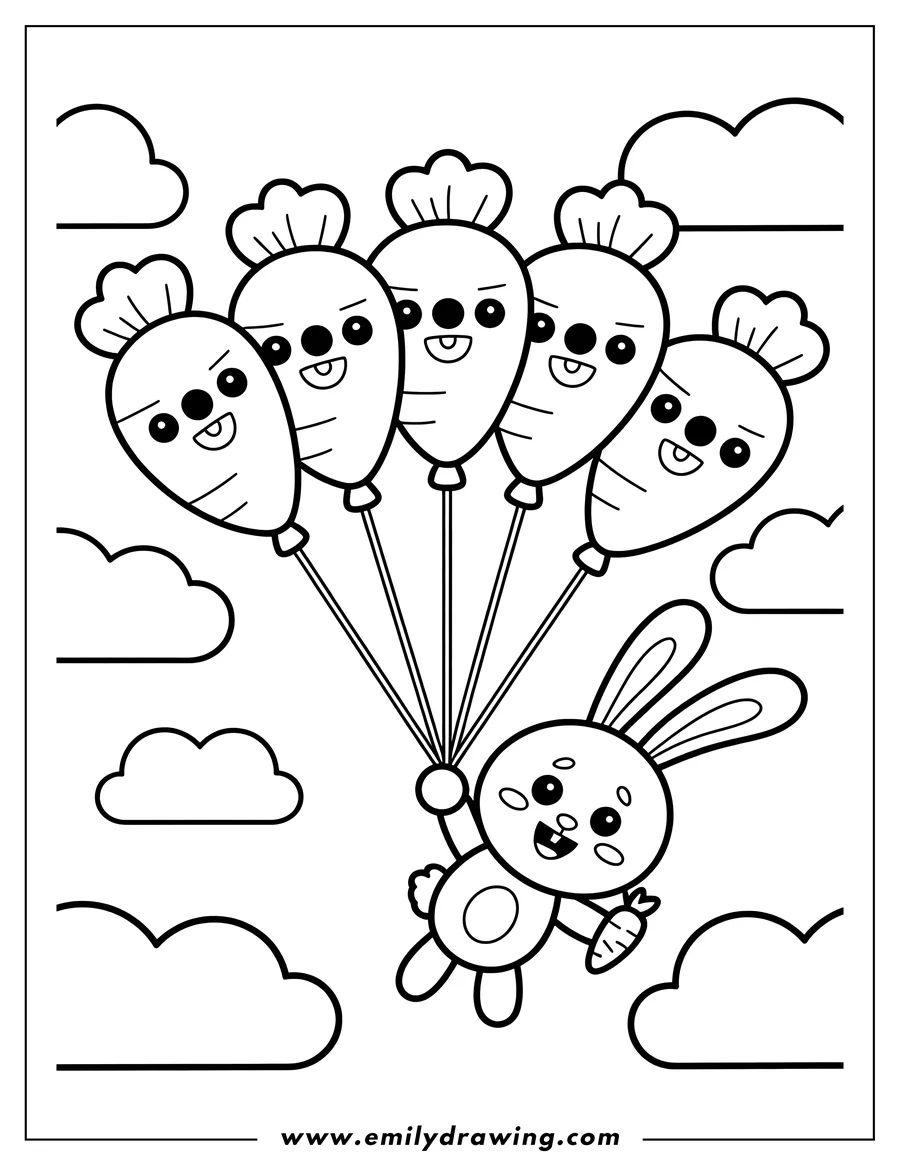 Line art of a cheerful bunny holding a bunch of carrot-shaped balloons and a small carrot, floating amongst fluffy clouds.