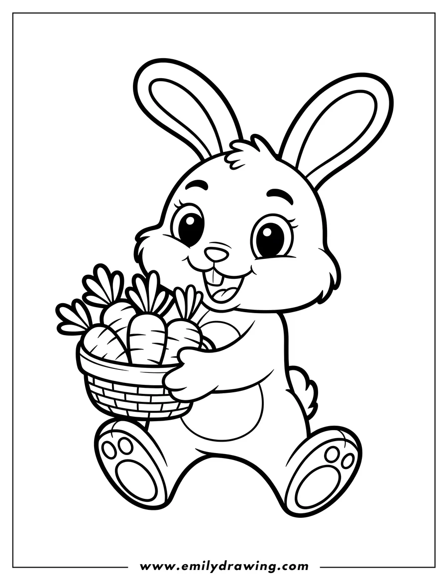 Outline of a cheerful bunny carrying a basket full of carrots.