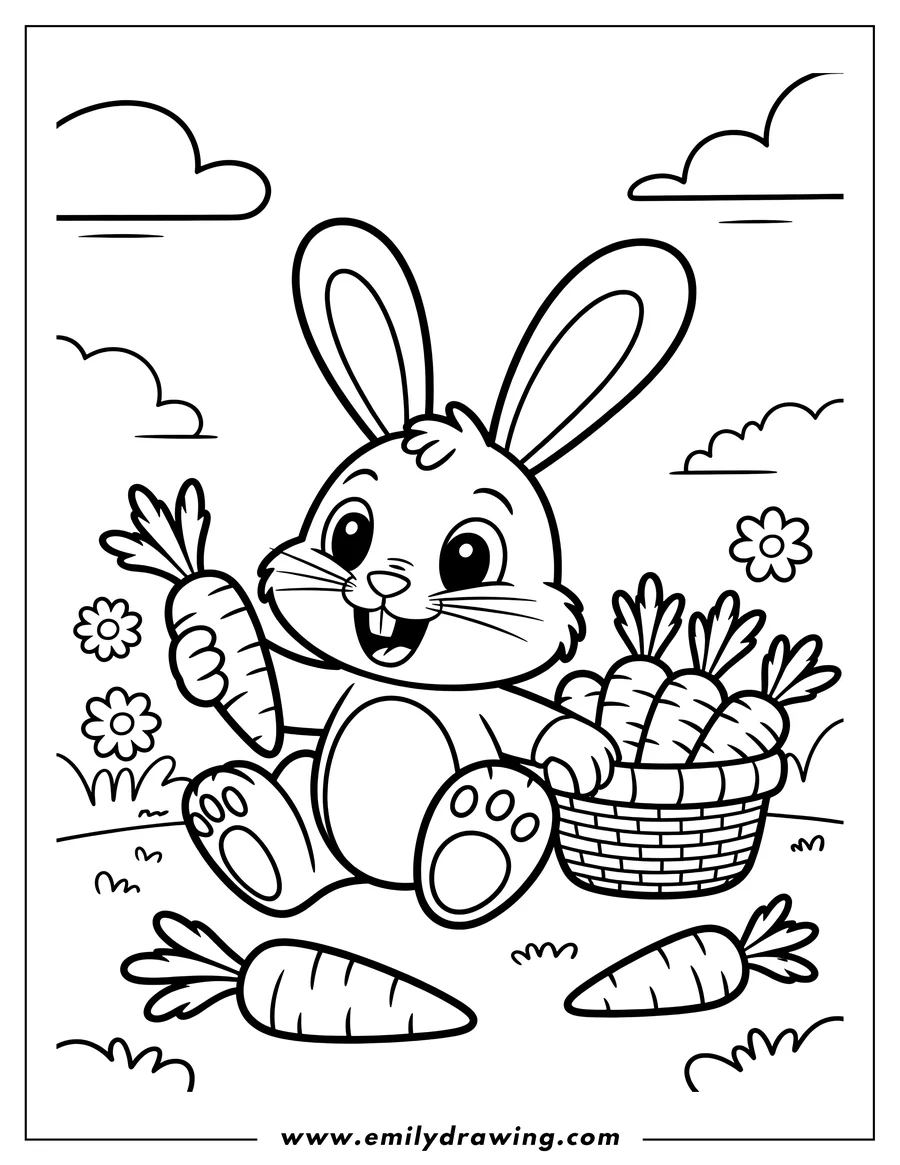 Outline of a cheerful bunny sitting with a basket full of carrots and holding another carrot.