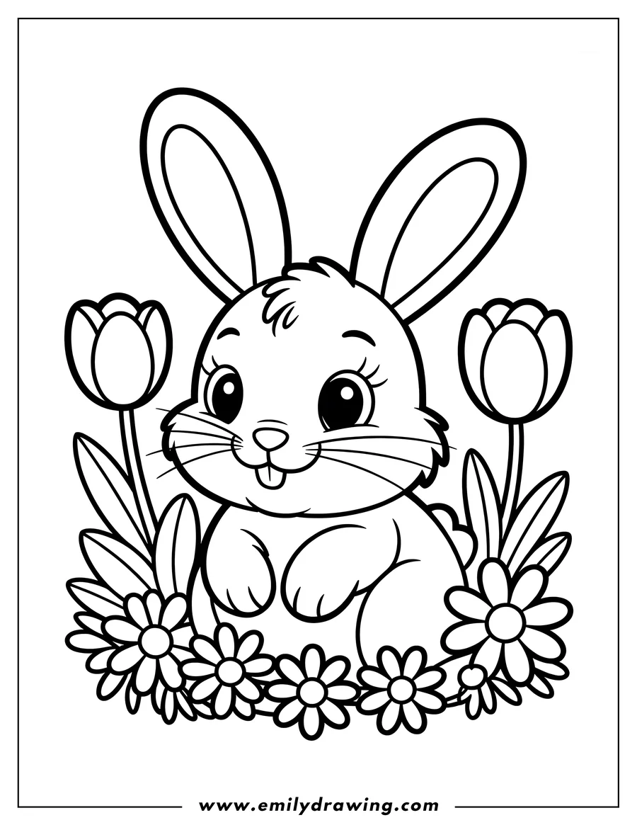 Outline of a bunny sitting in front of tulips and daisies.