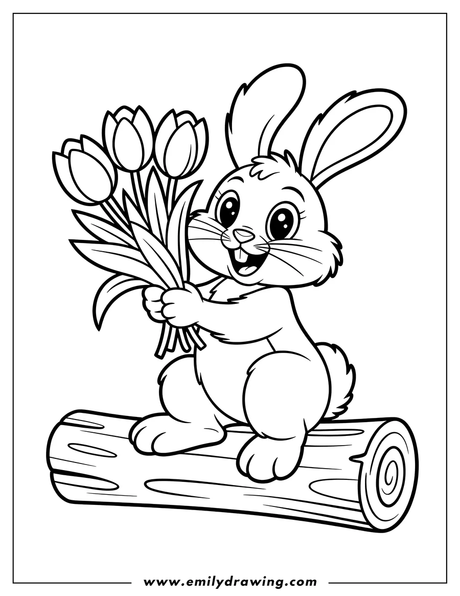 Outline of a bunny holding a bunch of tulips while sitting on a log.