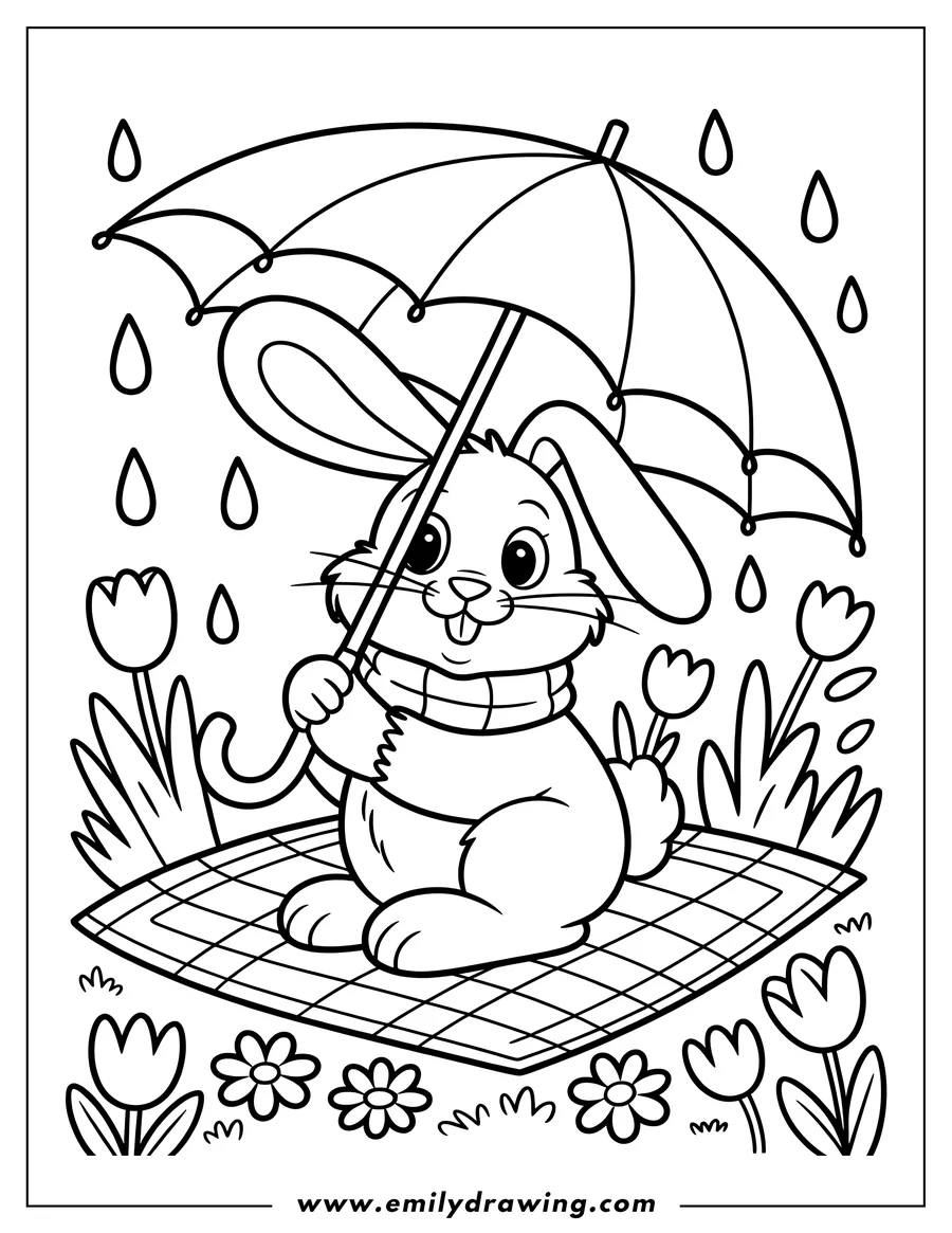Outline of a bunny holding an umbrella in the rain, sitting on a blanket surrounded by flowers.