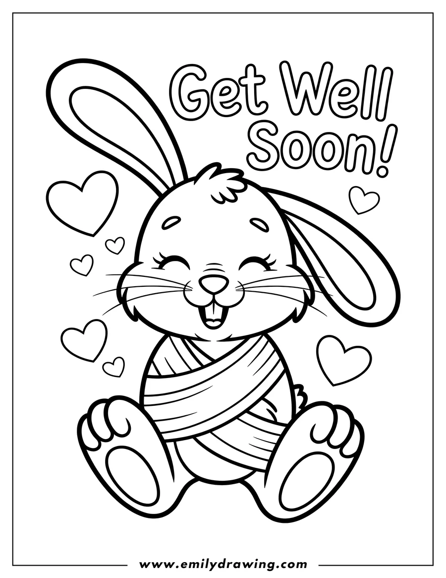 Outline of a smiling bunny wrapped in bandages, with a 'Get Well Soon!' message and hearts surrounding it.