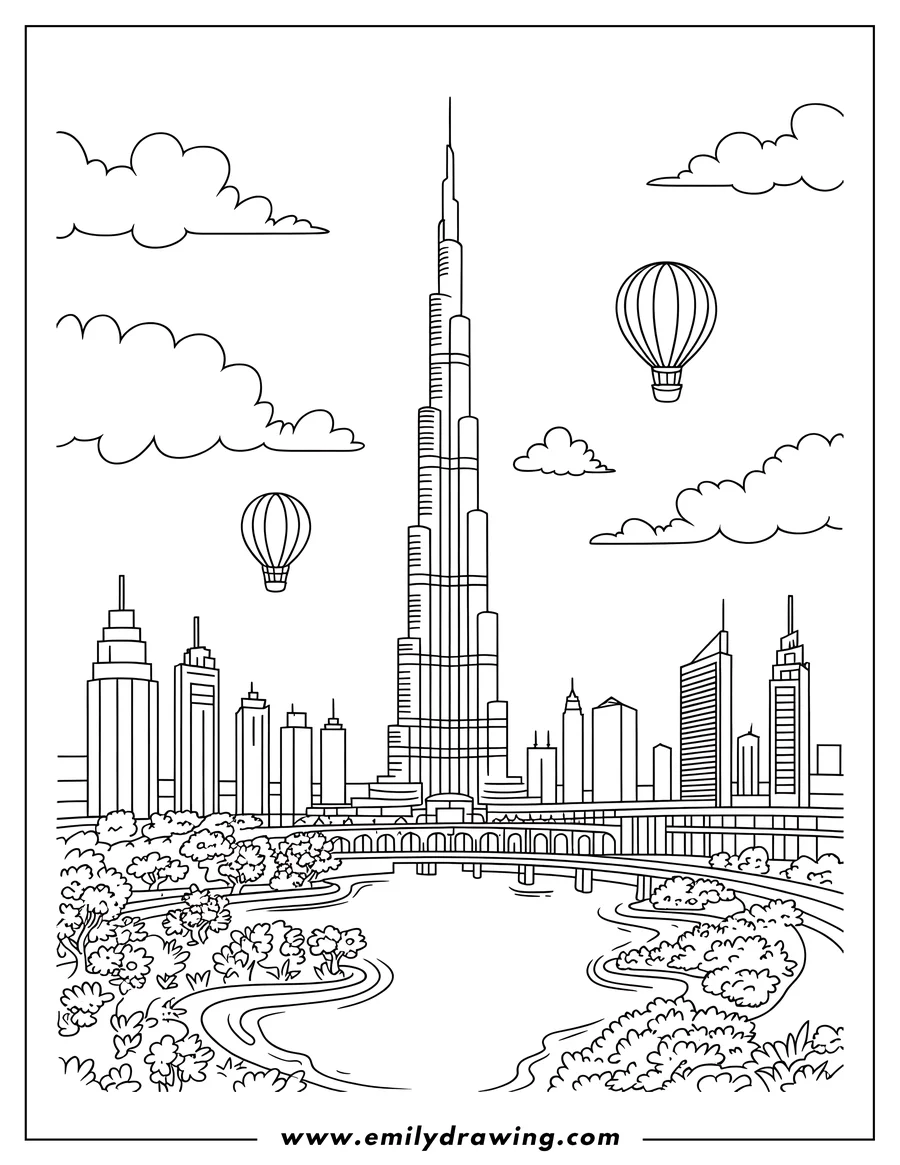Outline of the Burj Khalifa and Dubai skyline, with hot air balloons, a park, and a body of water in the foreground.