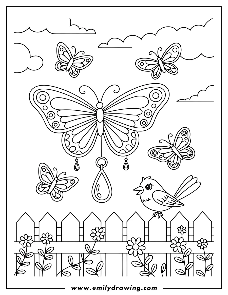 Outline of butterflies, a bird perched on a wooden fence, and flowers growing below.