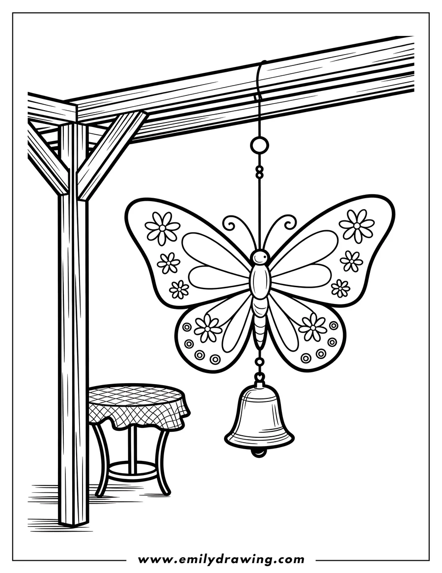 Outline of a butterfly wind chime with a bell hanging from a wooden beam. A small table is visible below.