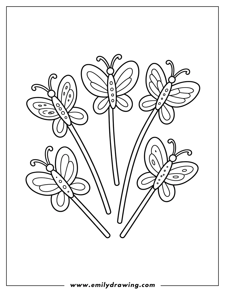 Line art of five butterfly lollipops.