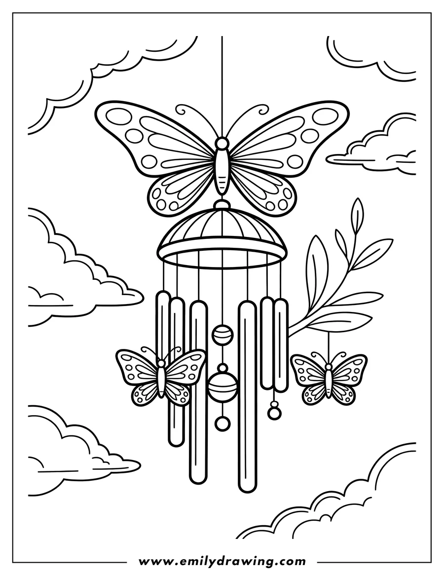 Outline of a butterfly wind chime with three butterflies, decorative beads, and hanging chimes.