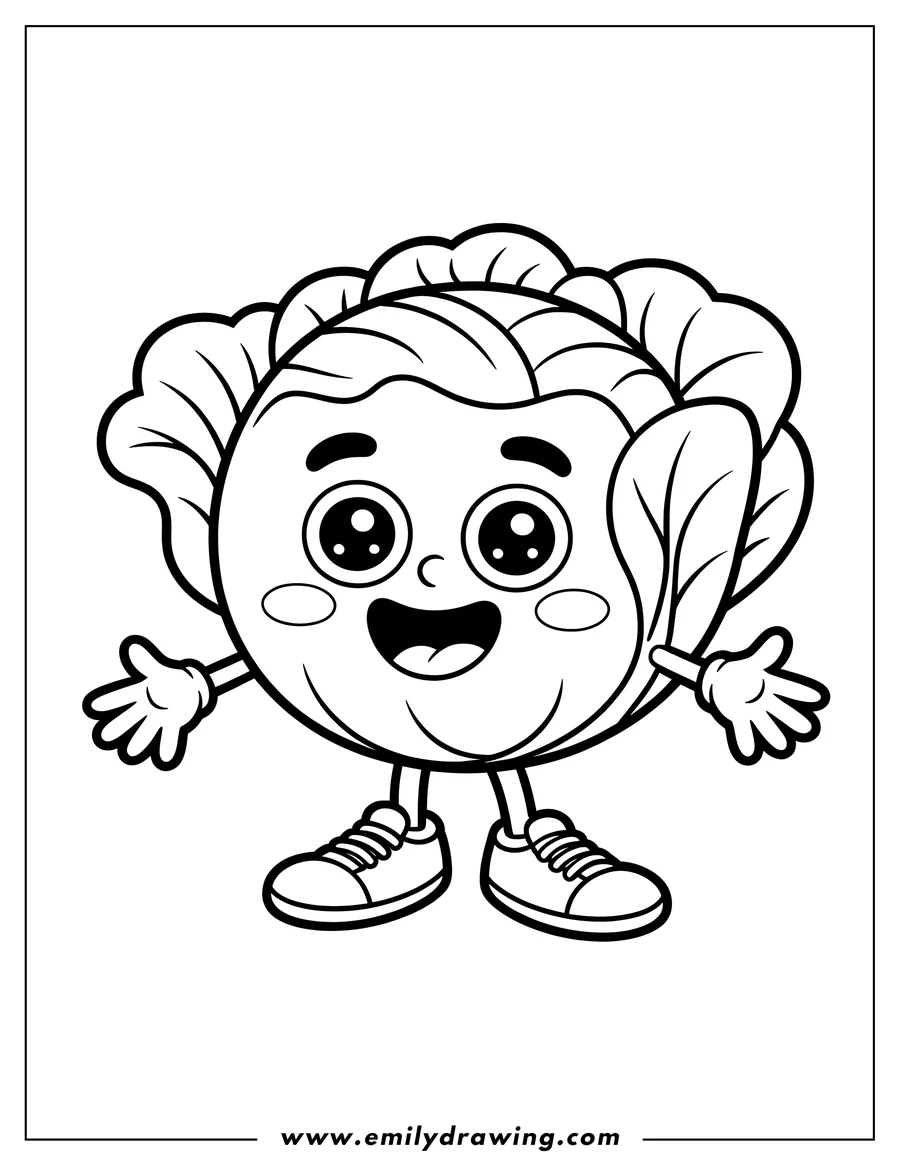 Line art of a happy cabbage with big eyes, rosy cheeks, and wearing sneakers.
