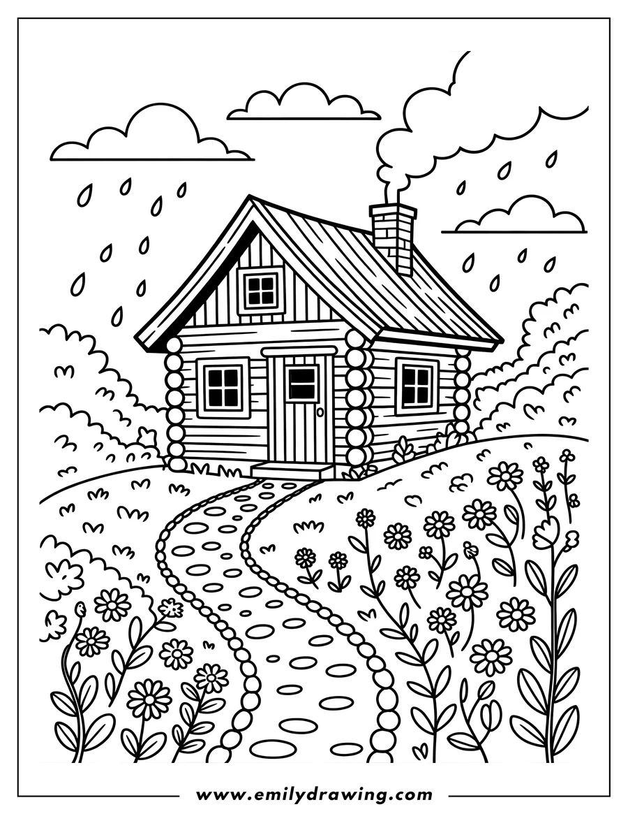 Line art of a cozy cabin in the rain, with smoke coming from the chimney, flowers in the garden, and a winding path.