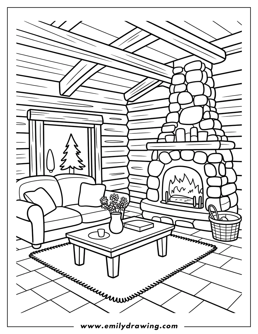 Line art of a cozy cabin living room with a stone fireplace, sofa, coffee table, and rug. A picture of a fir tree hangs on the log wall.
