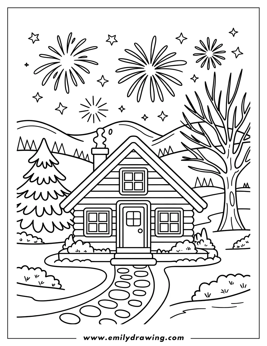 Outline of a cozy cabin nestled in the hills with fireworks exploding in the night sky above.