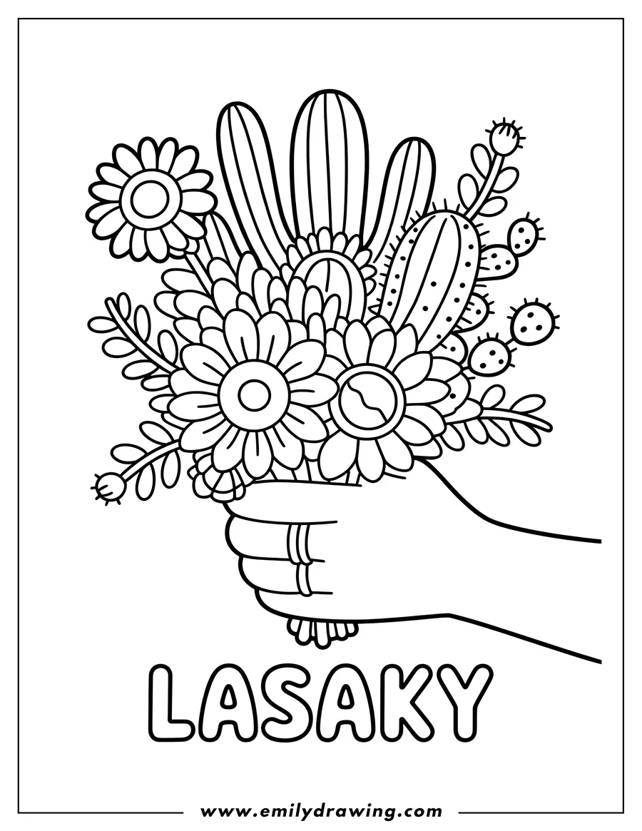 Outline of a hand holding a bouquet of flowers and cacti.