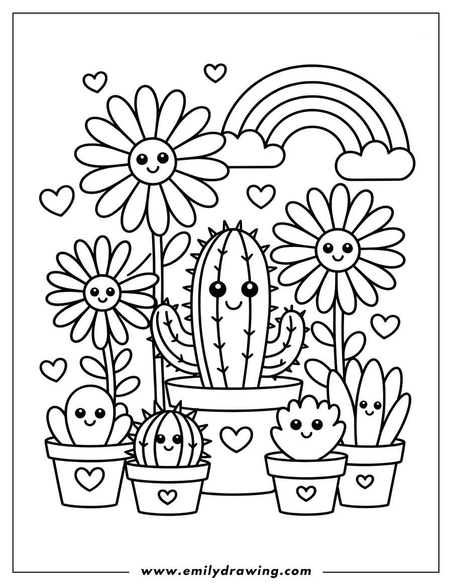 Line art of smiling cacti and flowers in pots with a rainbow and hearts.