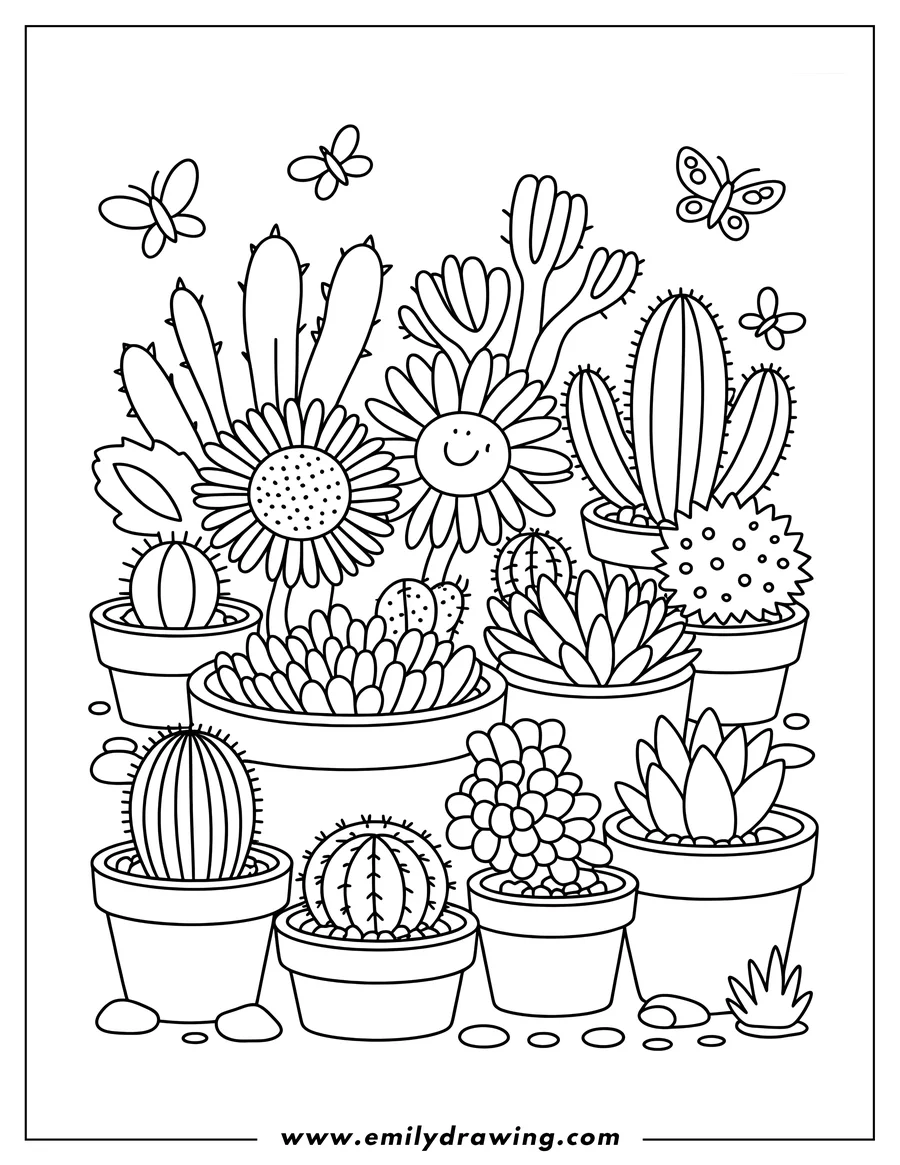 Line art of various cacti and succulents in pots, ready to be colored.  Butterflies flutter above.