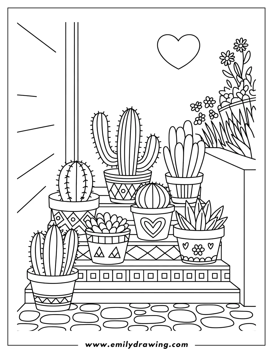 Outline of various cacti and succulents in decorated pots arranged on steps. A floating heart and small flowers add a touch of whimsy.