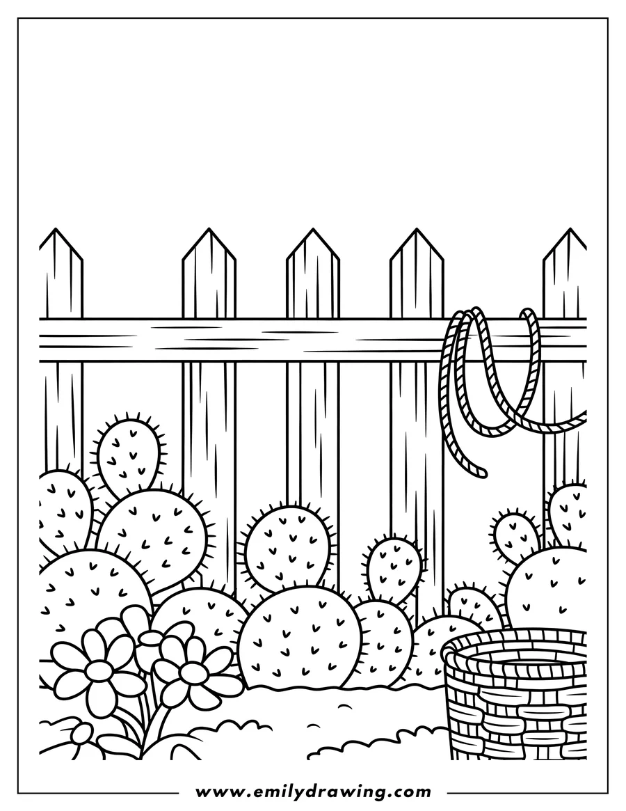 Outline of several cacti growing by a wooden fence with a rope hanging on it.