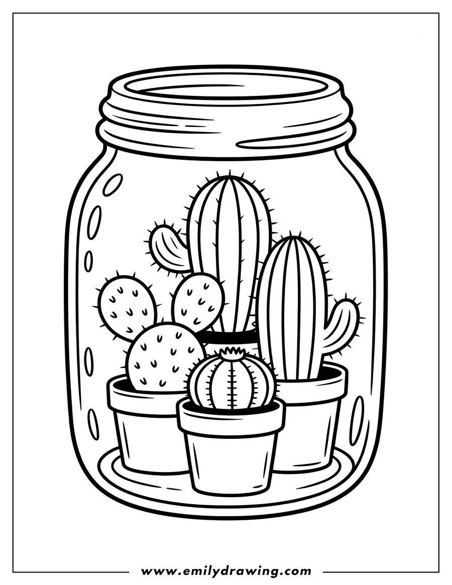 Outline of three small cacti in pots inside a glass jar.