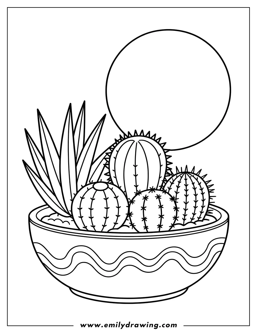 Line art of a variety of cacti and a succulent in a decorated pot.