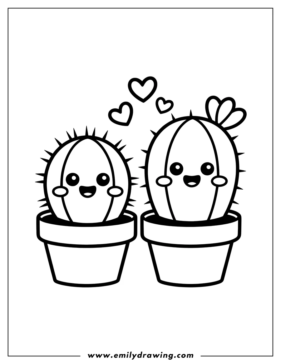 Two smiling cacti in pots, one with a small flower, and hearts floating above them.