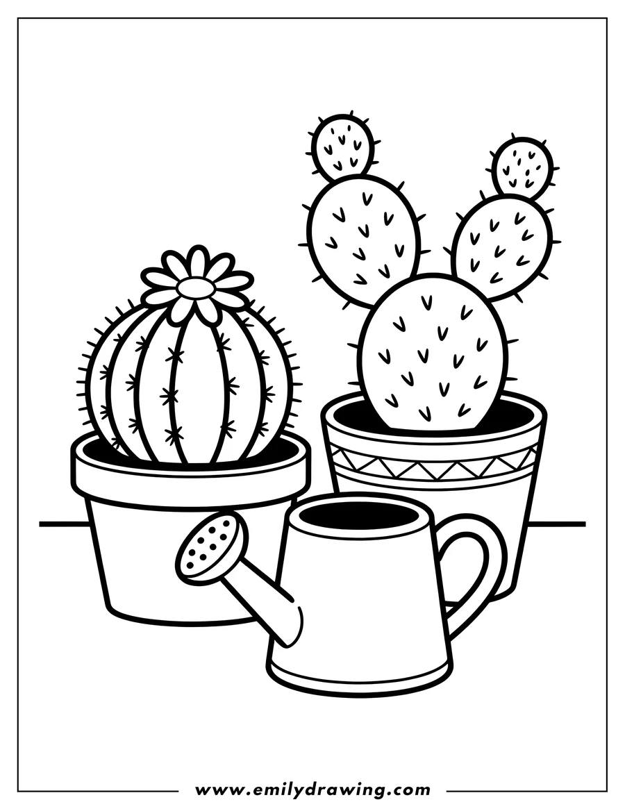 Line art of two cacti in pots with a watering can. One cactus has a flower. The pots and watering can are simple, and the scene is suitable for children's coloring.