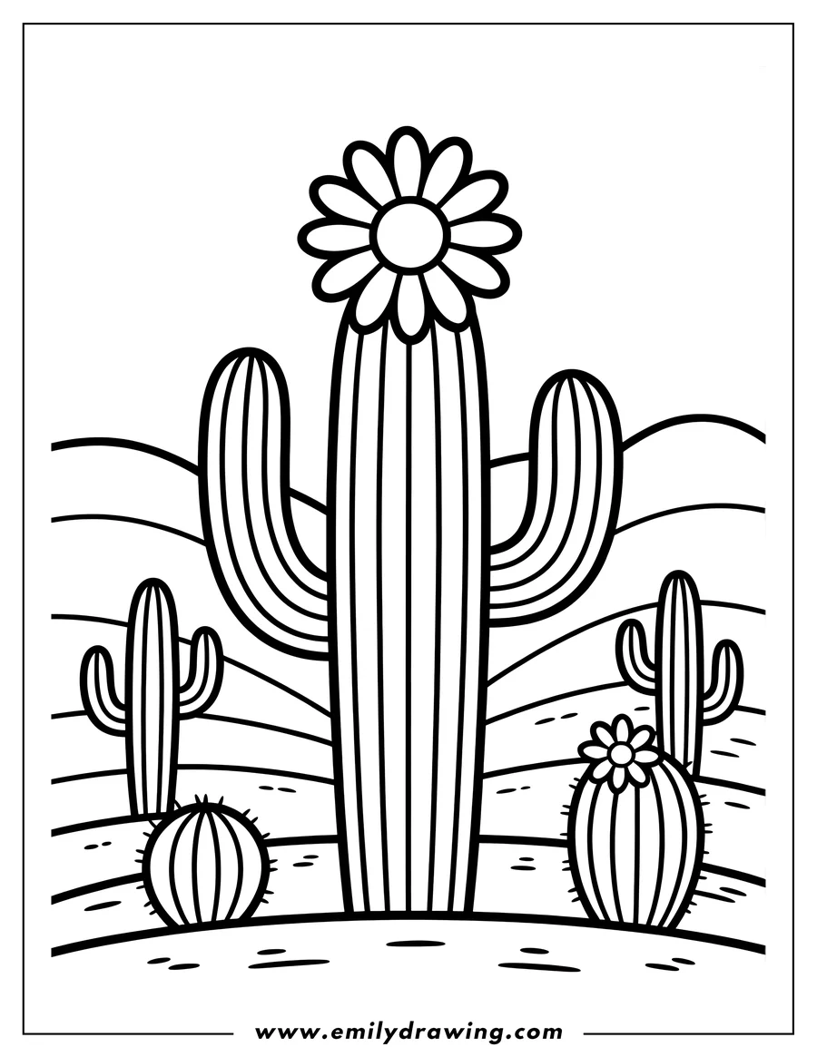 Outline of three cacti of varying sizes, each with a simple flower on top, in a desert setting.