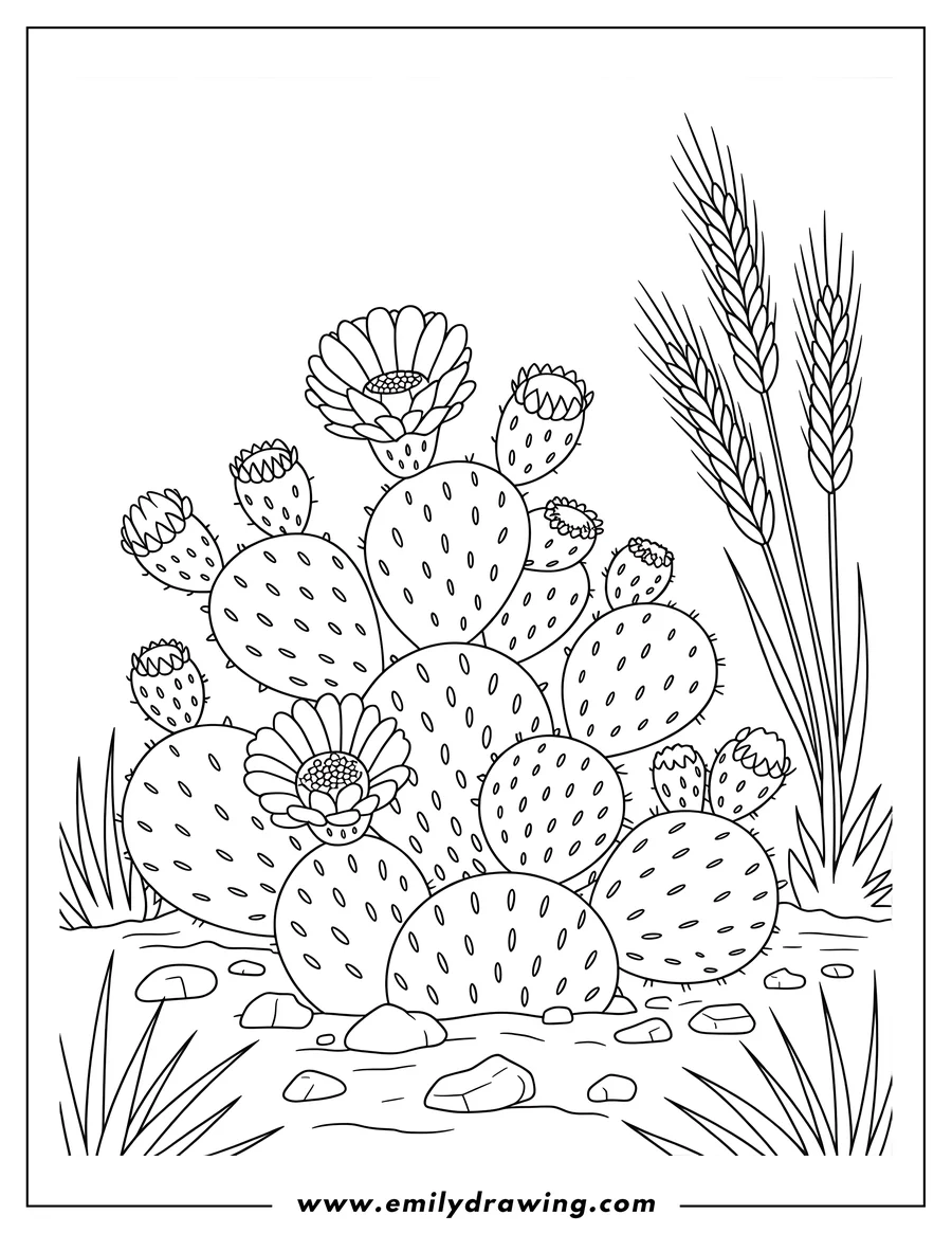 Line art of a prickly pear cactus with flowers and wheat stalks growing nearby.  The scene includes rocks and blades of grass around the base of the cactus.