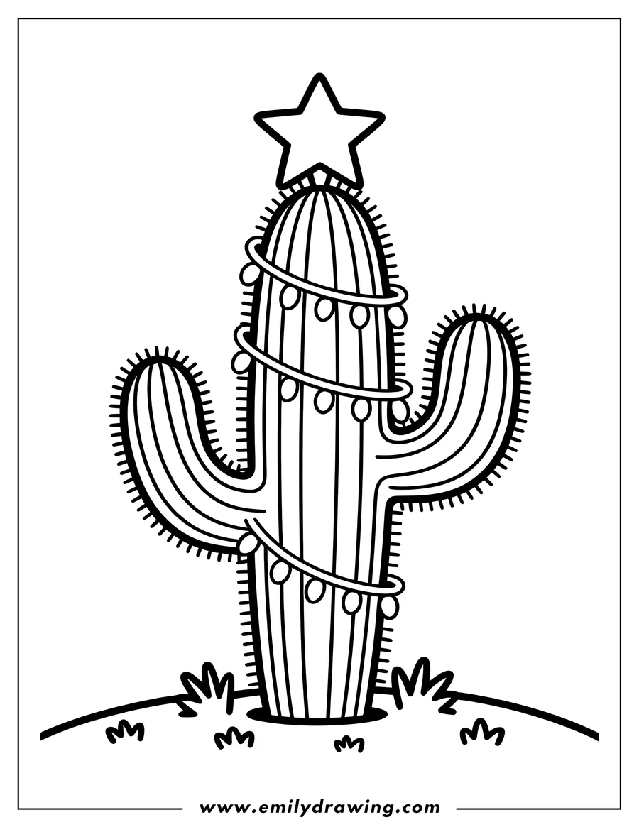 Outline of a cactus decorated with Christmas lights and a star on top