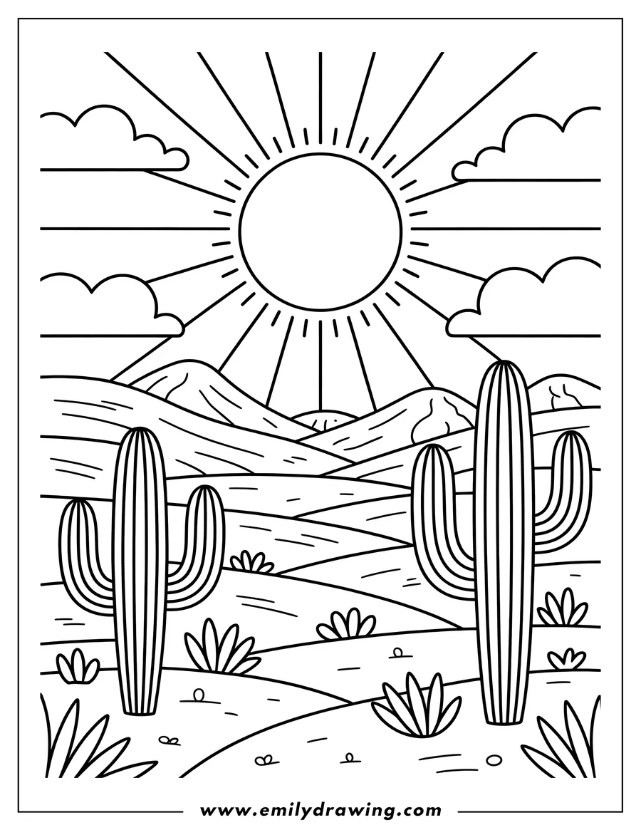 Line art of a desert landscape featuring two cacti, small desert plants, and a shining sun with clouds.