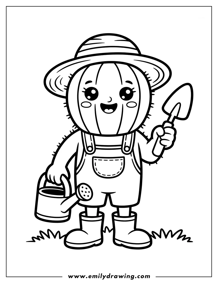 Line art of a cheerful cactus dressed as a gardener, wearing a hat, overalls, and boots, holding a watering can and a trowel.