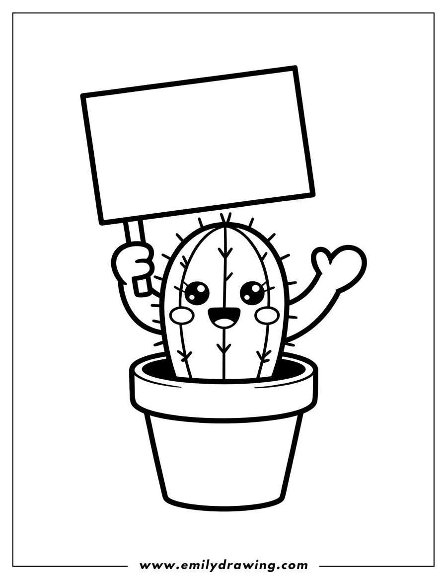 Line art of a cute cactus in a pot, holding a blank sign and waving.