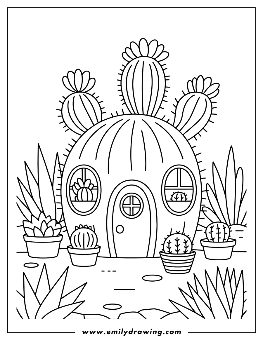 Outline of a whimsical house shaped like a large round cactus with smaller cacti in pots around it.