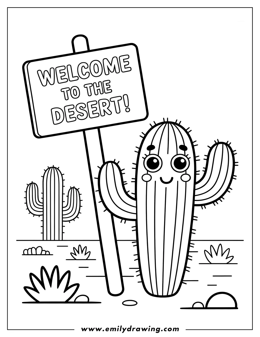Line art of a friendly cactus holding a 'Welcome to the Desert' sign, with another cactus in the background.