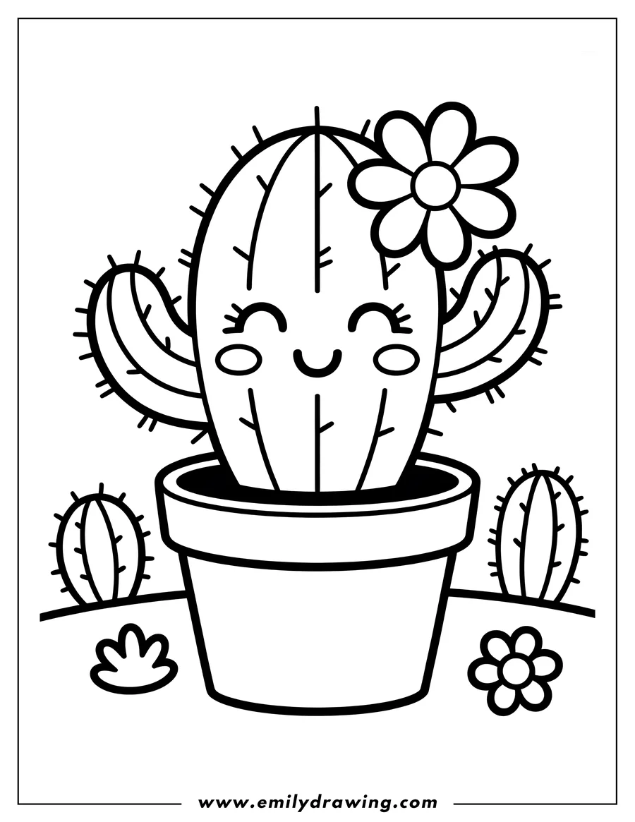 Outline of a happy cactus in a flower pot with small cacti and flowers around it.