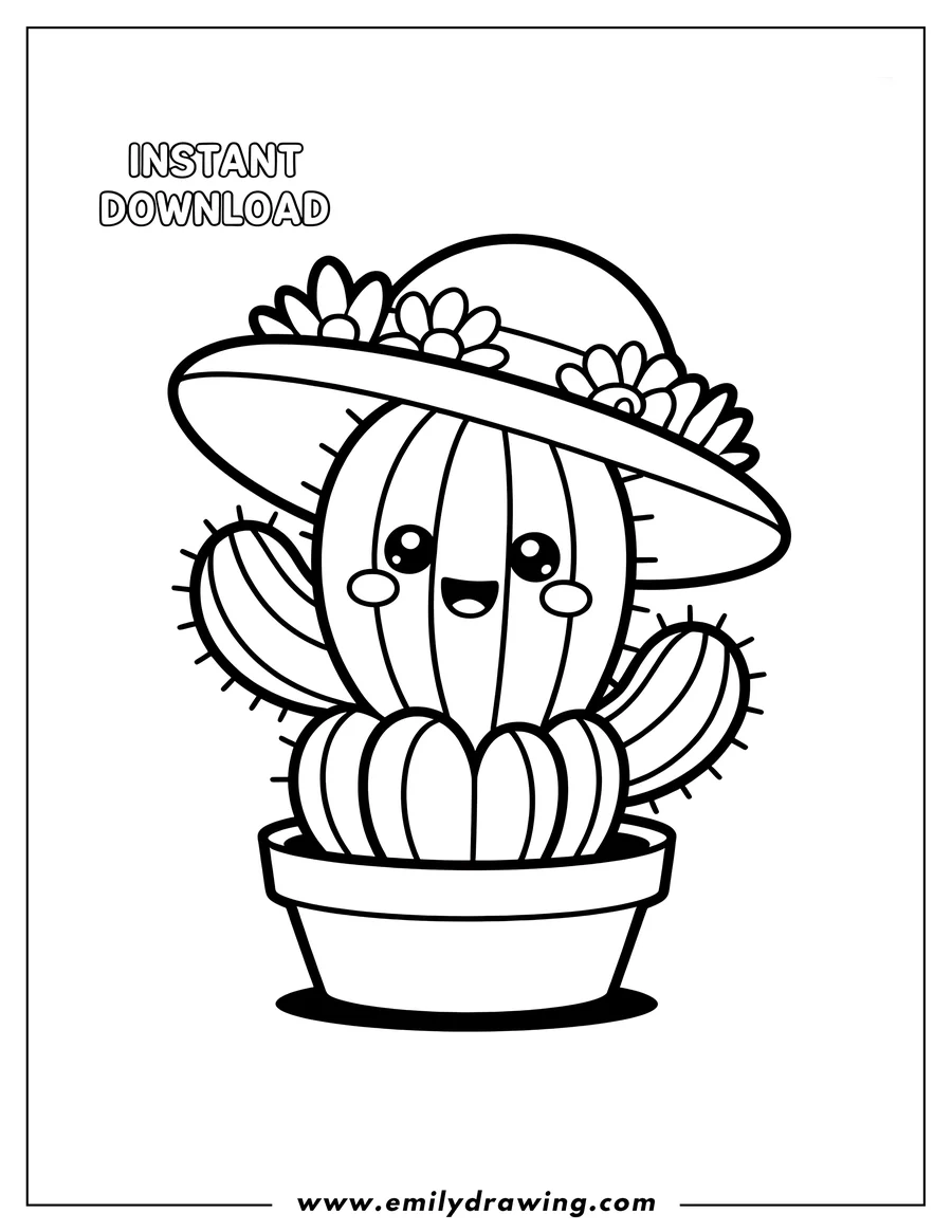 Line art of a happy cactus wearing a wide-brimmed hat decorated with flowers, sitting in a flowerpot.