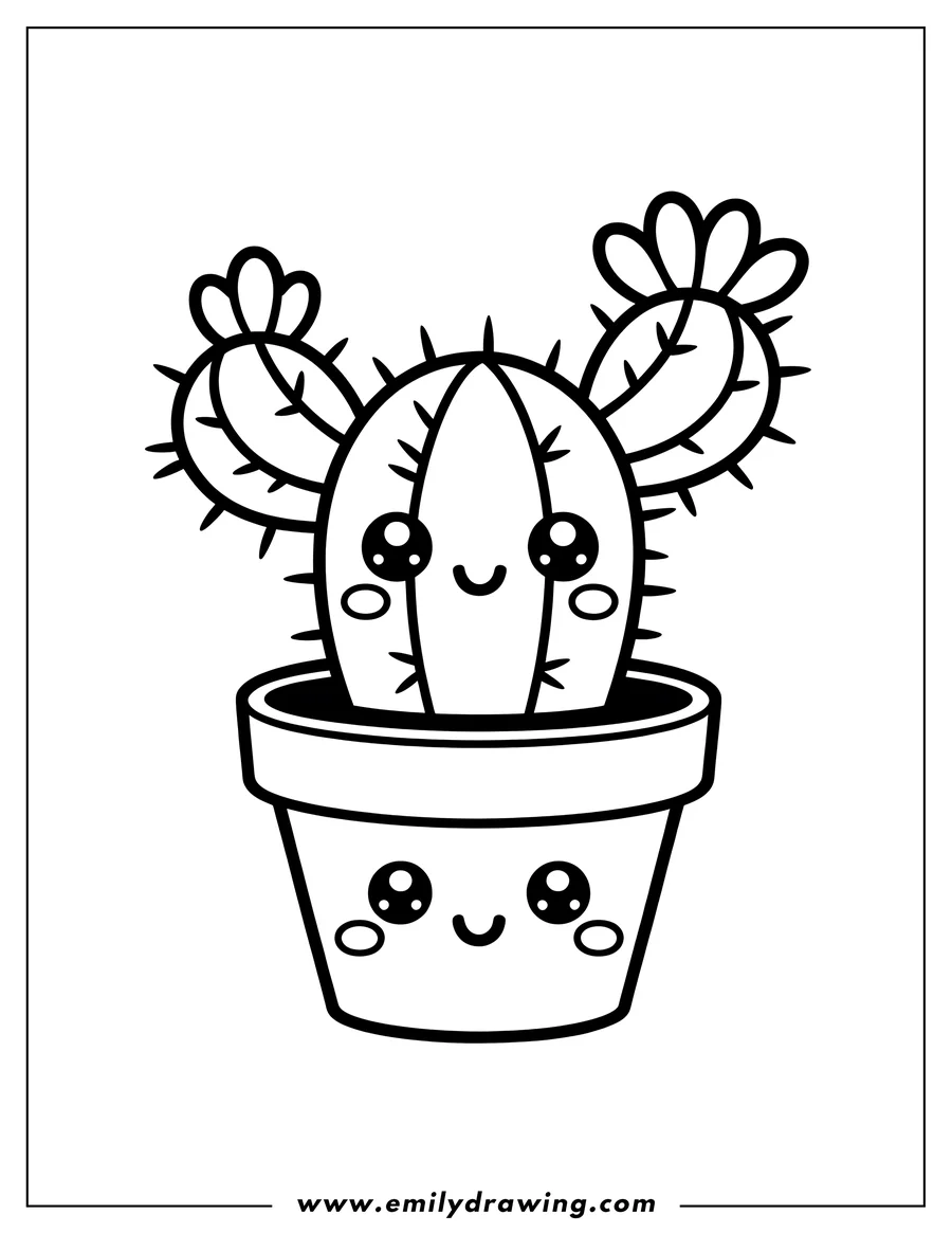Outline of a cute, smiling cactus in a smiling pot.
