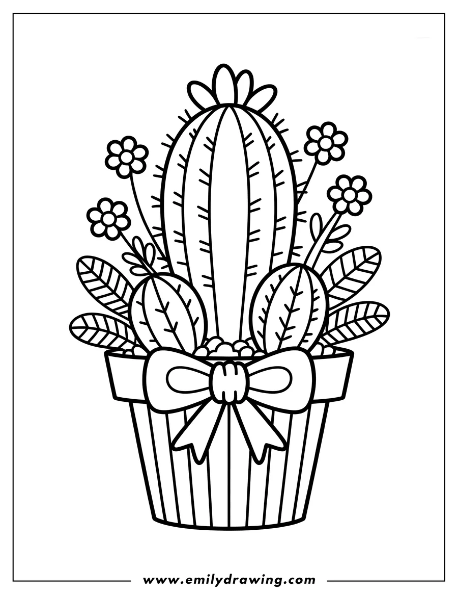 Outline of a potted cactus decorated with a bow.  Small cacti and flowers surround the main cactus plant.
