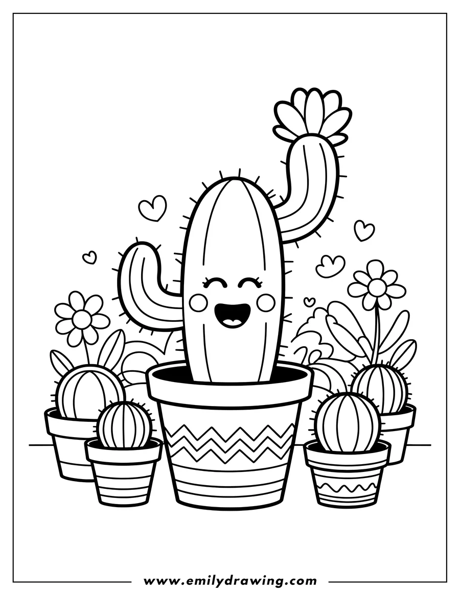 Outline of a happy cactus in a patterned pot, surrounded by smaller cacti in their own pots and simple flowers.