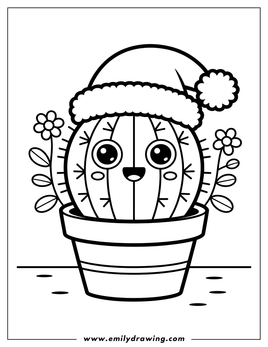 Outline of a potted cactus wearing a Santa hat and with two small flowers on either side