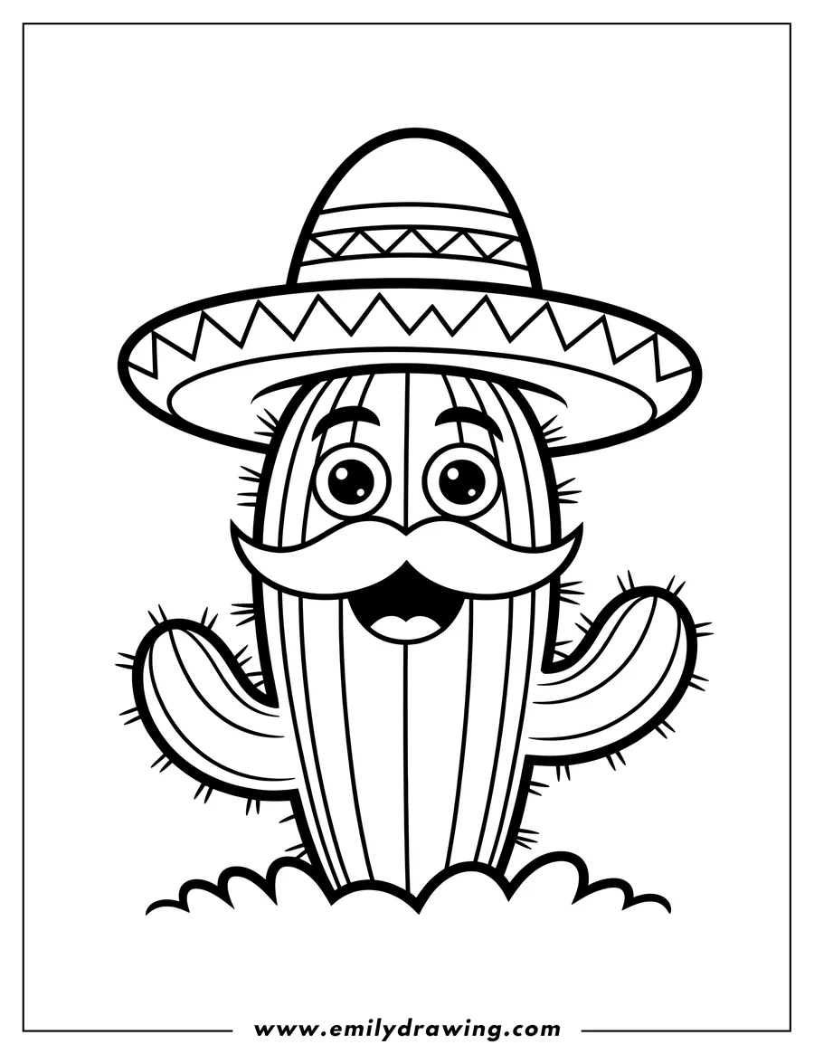Line art of a cheerful cactus wearing a sombrero and a mustache.