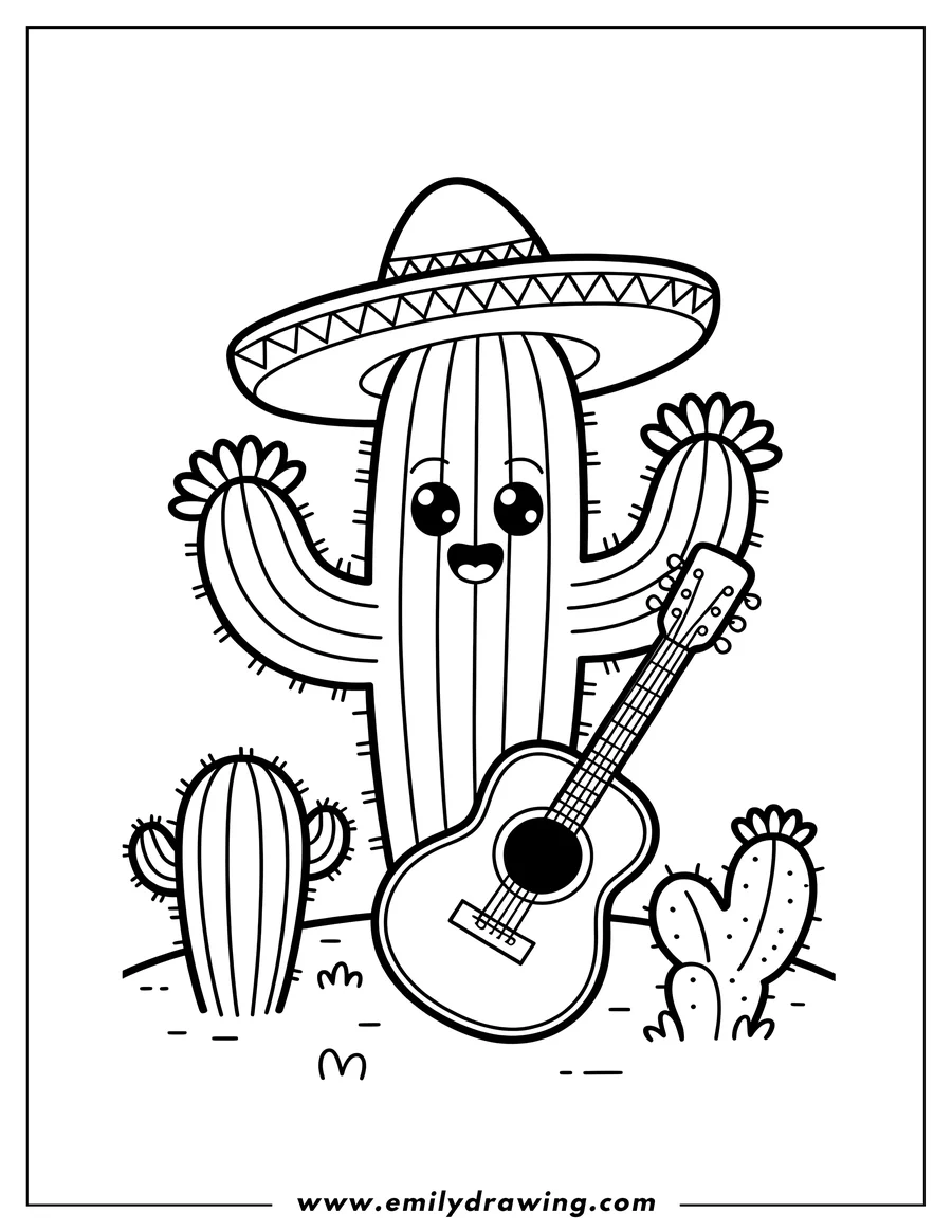 Line art of a cheerful cactus wearing a sombrero and standing next to a guitar, with two smaller cacti in the background.
