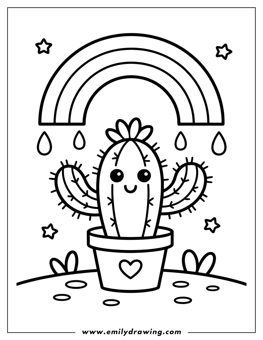 Outline of a happy cactus in a pot with a heart, under a rainbow with rain dripping from it.  Stars and simple ground complete the cute scene.