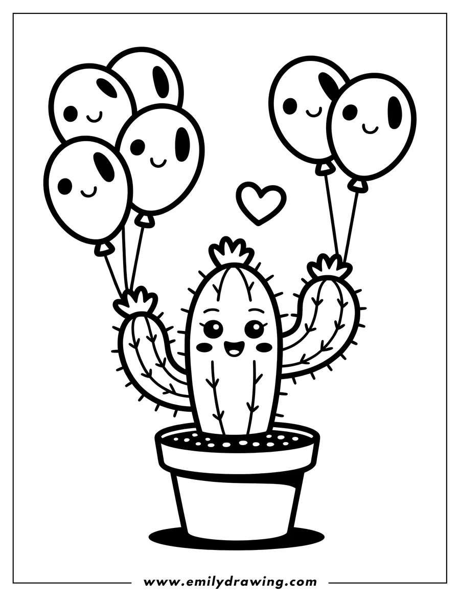 Line art of a happy cactus in a pot, holding several balloons with smiling faces.