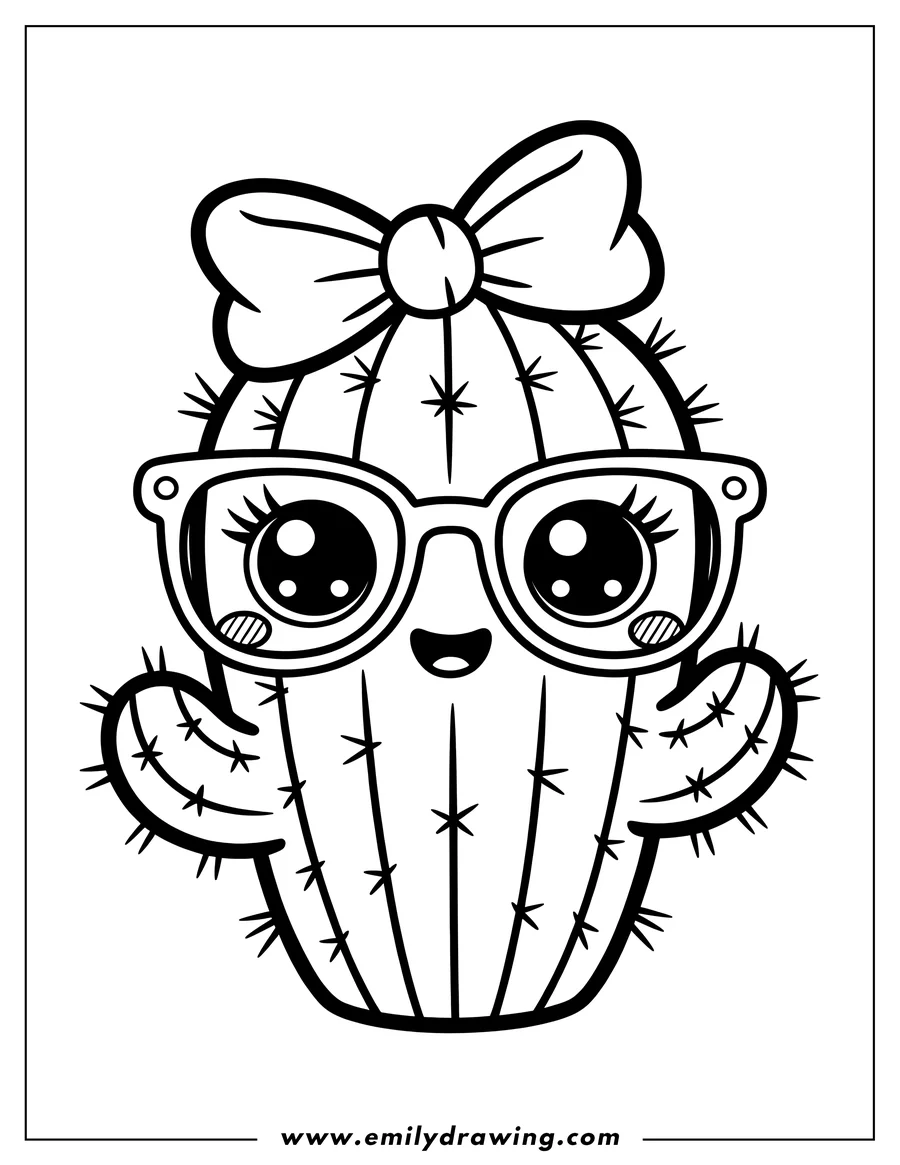 Line art of a cute cactus wearing a bow and glasses. The cactus has large, expressive eyes and a cheerful smile.