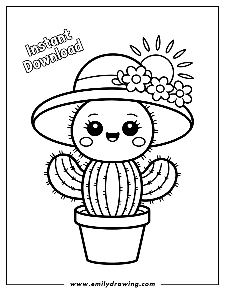 Outline of a happy cactus wearing a large sun hat decorated with flowers. The sun shines brightly in the background.