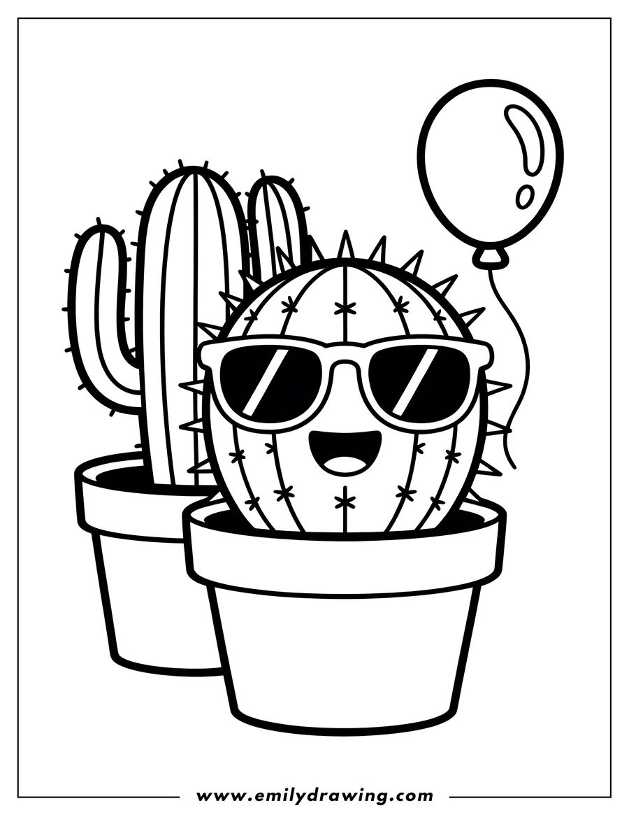 Line art of a cool, round cactus wearing sunglasses and holding a balloon. Another cactus is in the background. Both plants are in pots.