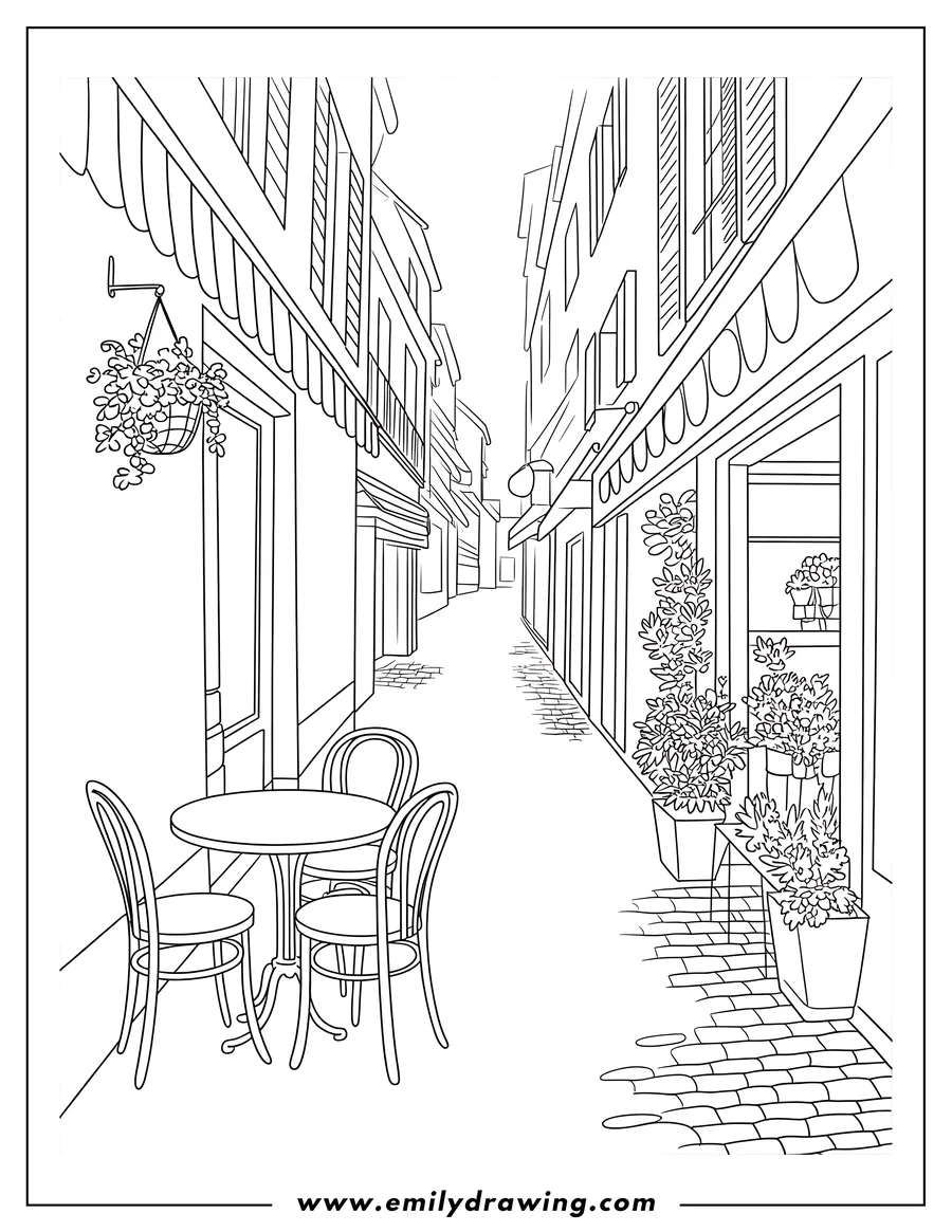 Outline of a charming cafe scene with a round table and chairs set on a cobblestone street. Buildings and potted plants line the sides.